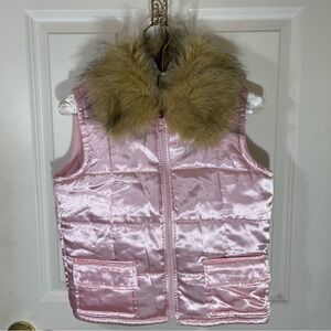 Athletech Girls Pink Satin Puffer Vest - Faux Fur Collar